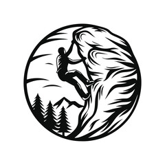 Silhouette Rock Climber on Cliff, Mountain in Circular Frame, Outdoors Adventure