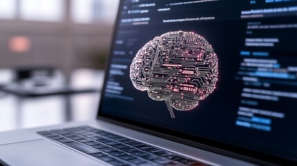 A futuristic dashboard featuring a digital brain and visual datasets, symbolizing AI integration, neural networks, and cognitive computing in business