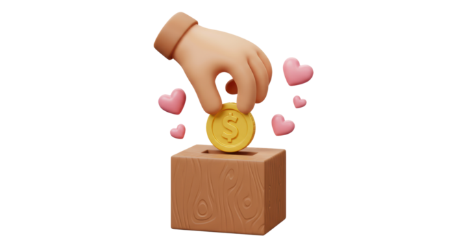 Isolated Hand Placing a Coin into a Wooden Donation Box with Hearts - Powered by Adobe