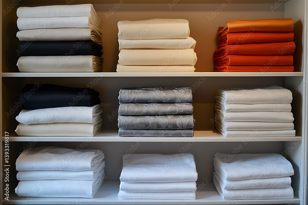 Poster neatly folded bed linens in various colors arranged on shelves, creating a clean and organized stora