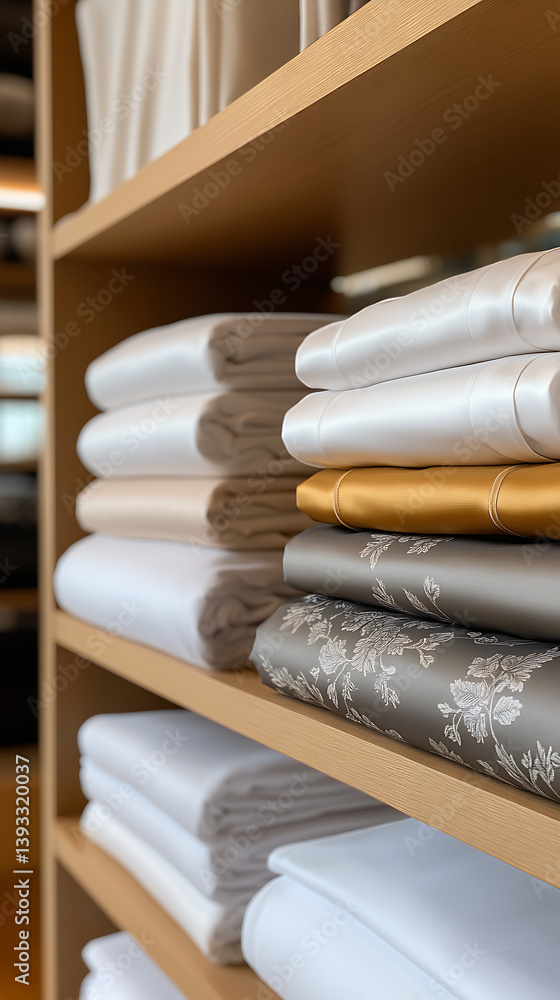 Poster neatly folded linens on a wooden shelf, stacked in varying colors and textures to promote a sense of