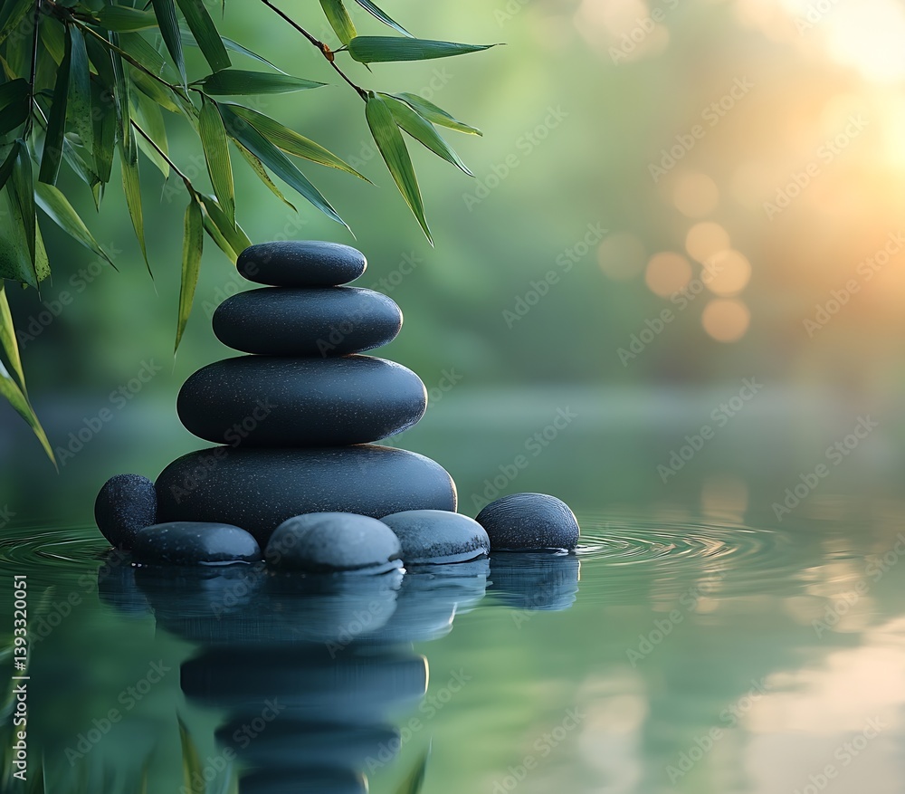 Poster zen garden rocks in water with bamboo leaves and bokeh background meditation and relaxation concept 