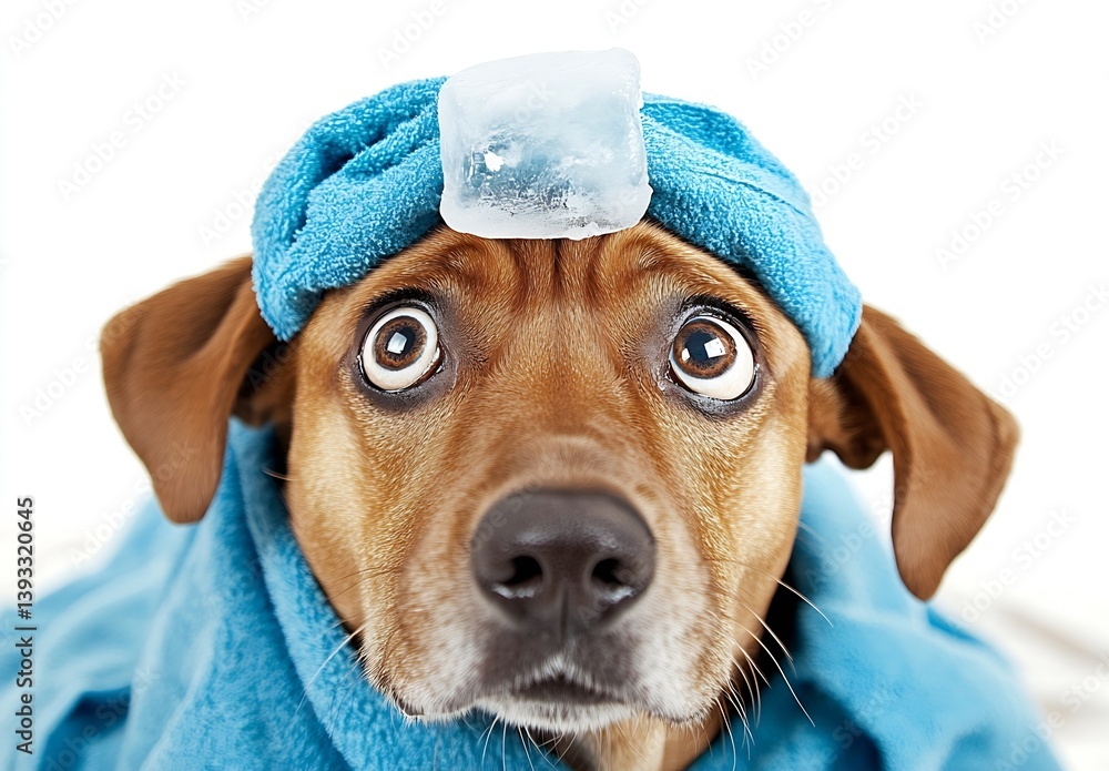 Aufkleber dog with a blue towel and ice cube on head showing a worried expression captured in bright indoor li