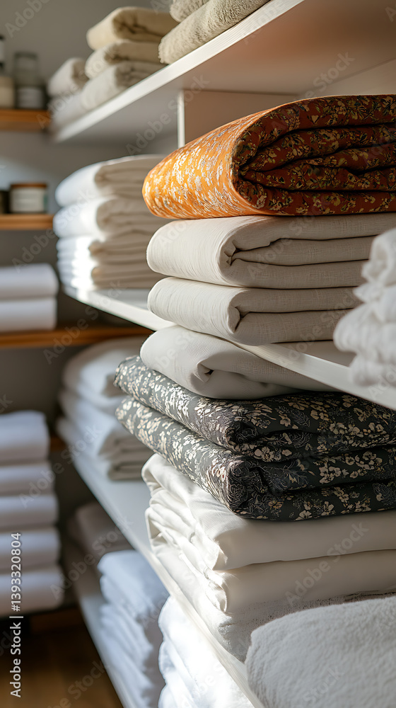 Poster neatly organized linen closet with folded towels and blankets in various patterns and textures, show