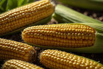 A close-up of golden corn cobs growing in a sunlit field. The green husks and yellow kernels highlight their freshness and organic quality