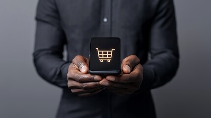A businessman holding a smartphone showing an online shopping cart interface, referencing e-business, digital transactions, and secure payment solutions