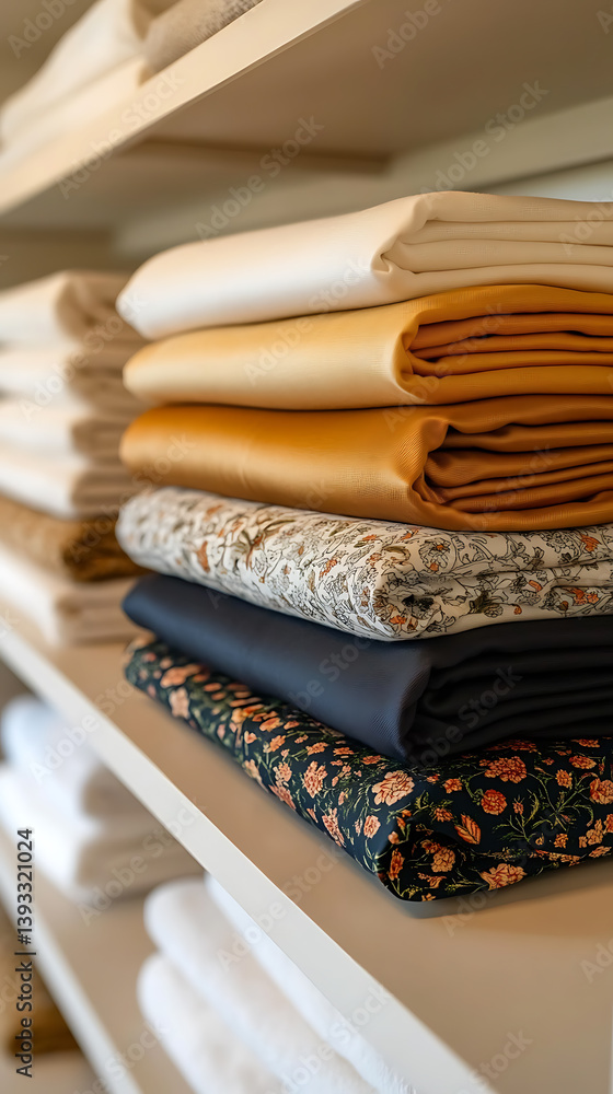 Poster a stack of folded fabrics in a closet, displaying different colors and patterns. storage solutions f