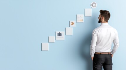 A businessman climbing digital steps with finance, innovation, and goal icons, symbolizing career success and leadership growth