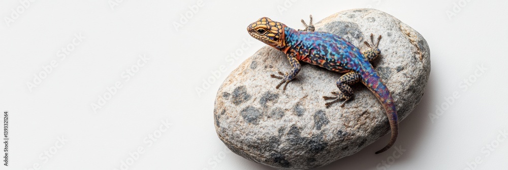 Poster colorful lizard resting on textured rock against a white background with drop shadow