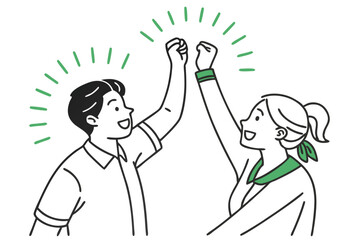Line Art Cheerful Asian Man & Woman HighFiving with Green Accents, Celebration, Joy