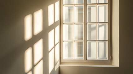 Sunlight casts shadows on a wall beside a window