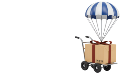 Isolated Parachute Delivery Gift Box on Hand Truck