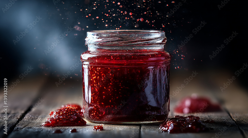 Poster a jar of homemade raspberry jam sits on a rustic wooden table with spilled jam around it and red spr
