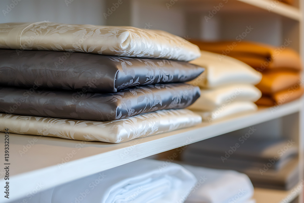 Poster neatly folded linen on shelves in various colors. soft textures and organized arrangement. a serene 