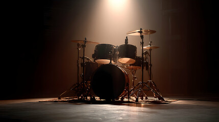 Moody spotlight on a drum set creating a dramatic atmosphere in music hall