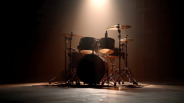 Moody spotlight on a drum set creating a dramatic atmosphere in music hall
