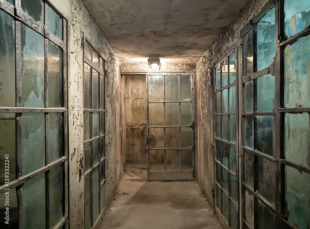 Poster Dimly Lit Hallway with Glass Walls Leading to Unseen Spaces Beyond : Generative AI