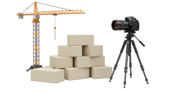 Isolated Construction Site Scene with Crane Bricks and Camera Equipment