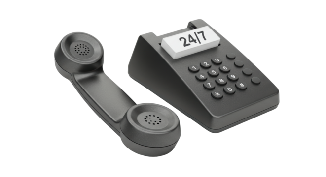 Isolated Black Telephone with Cordless Handset Displaying 24/7 Service
