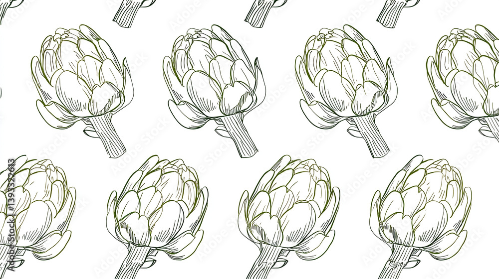 Poster seamless pattern of artichokes drawn with black lines on a white background in a repeating design