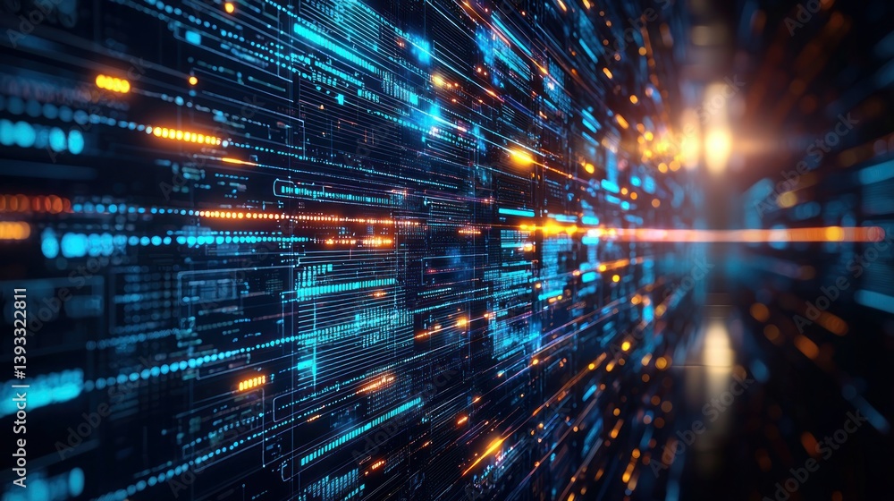 Poster abstract data flow with bright blue and orange lights, deep depth of field