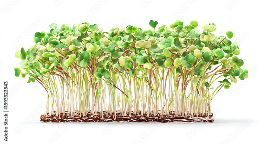 Poster a close up shot of a dense patch of microgreens with roots visible against white background