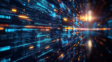 Obraz premium Abstract data flow with bright blue and orange lights, deep depth of field