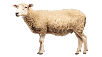 Sheep animal, standing, wooly mammal, farm livestock, isolated, cut out transparent