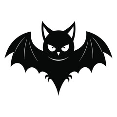 Silhouette of Flying Bat with Spread Wings, Pointed Ears, and Fangs on White Background