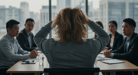 Stressed Businesswoman in Meeting - A frustrated businesswoman sits during a tense meeting, hands in hair, symbolizing stress, pressure, challenge, overwhelm, and decision-making