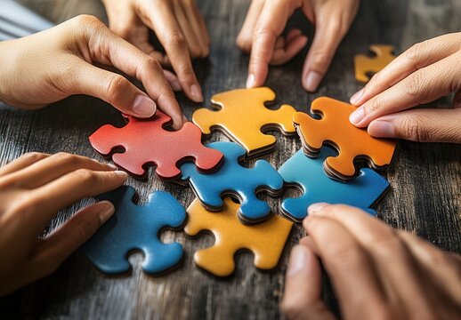 A group of people are working together to solve a puzzle. The puzzle is made up of different colored pieces, and the people are all holding pieces in their hands