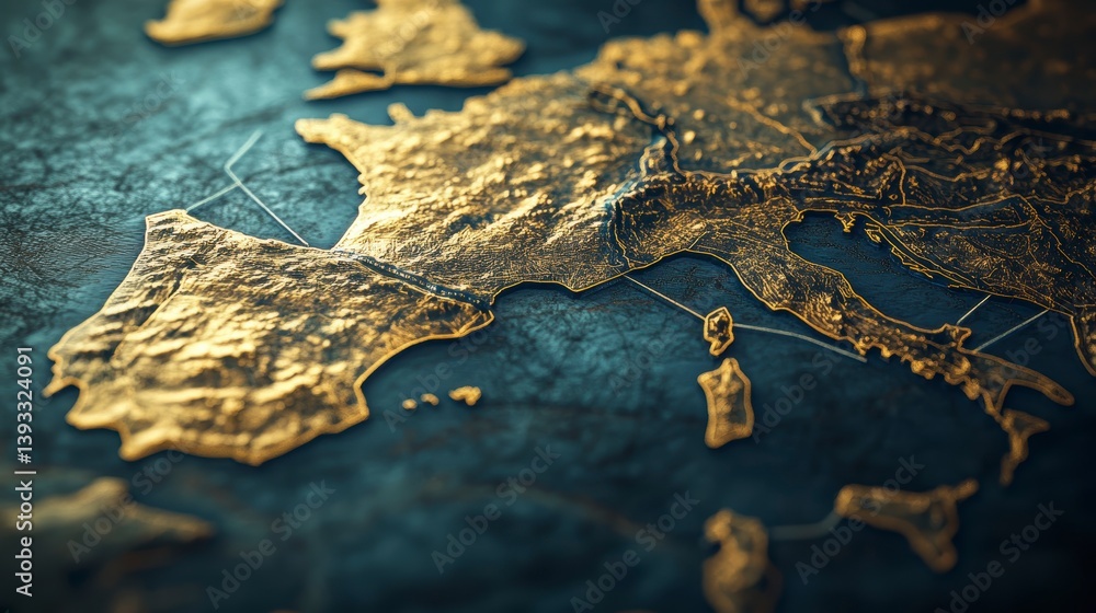 Poster golden embossed map of europe showcasing intricate terrain details and connecting lines.