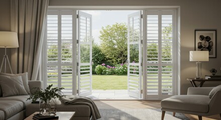 Naklejka premium Sunlight Garden View Through White Shutters - Home interior design showcasing a relaxing living space, sunlight streaming through open white shutters onto a lush green garden, symbolizing serenity