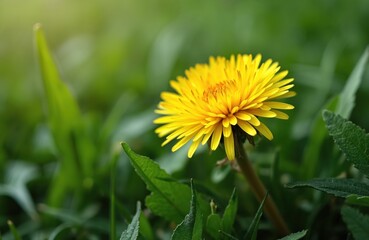 Yellow dandelion flower blooming in green grass meadow. Fresh dandelion blossom in spring. Sunny spring landscape. Healthy herbal medicine. Wild plant background.