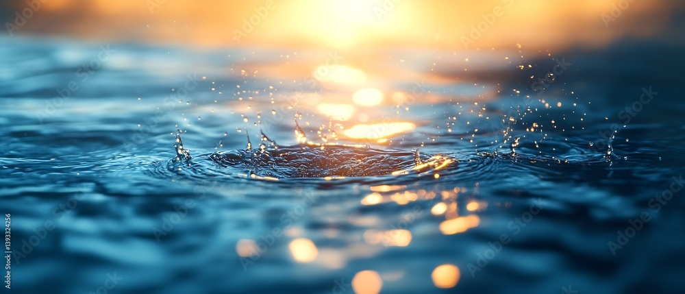 Poster water drop splashing in blue water with golden sunset reflecting serene nature scene of liquid motio