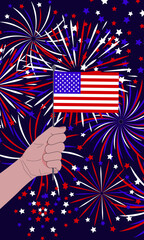 Hand holding american flag with fireworks background - vertical banner for United States of America Independence day
