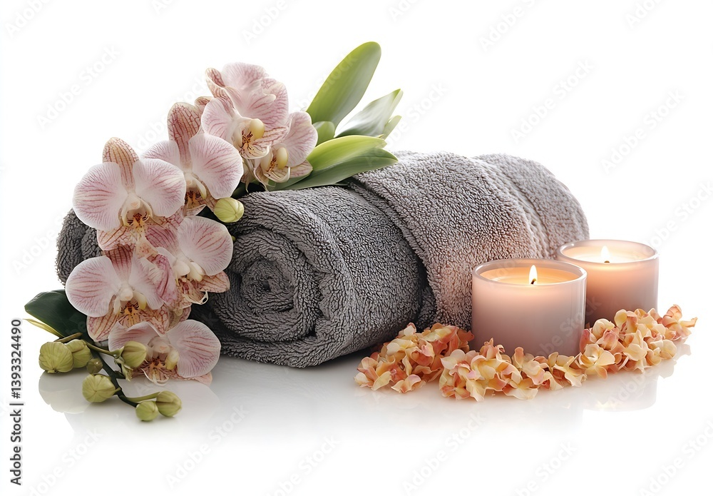 Leinwandbilder relaxing spa setting with soft towels and beautiful orchids accented by gentle candles : generative 