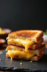 Hot homemade cheese toasties with golden melted cheese served on black slate plate. Comfort food, easy recipe idea for lunch, snack or quick dinner. Generative AI food photo, close-up.