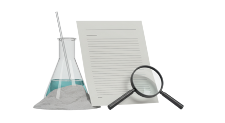 Isolated Beaker with Liquid and Magnifying Glass for Scientific Research