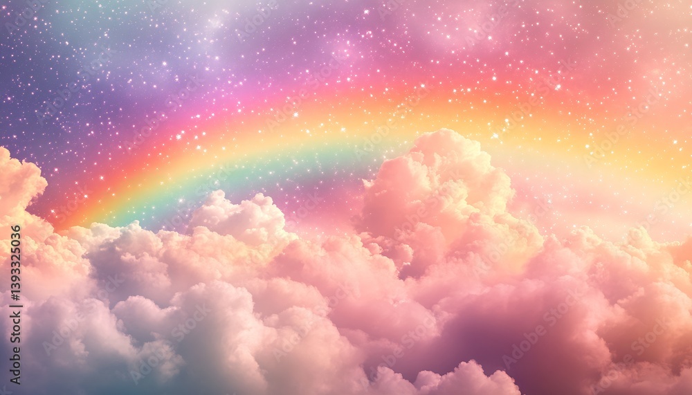 Poster enchanting pastel rainbow rising above soft clouds with sparkling stars in a dreamy sky atmosphere :