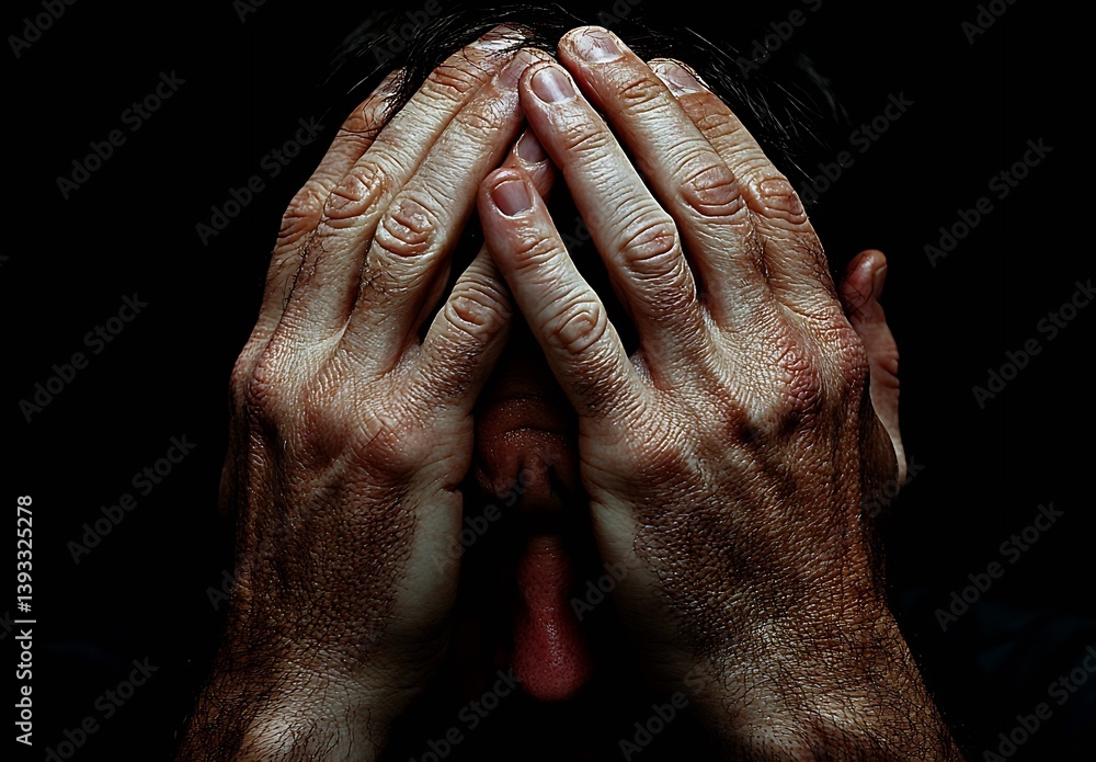 Poster dramatic closeup portrait of a man with hands over his face captured in striking colors : generative