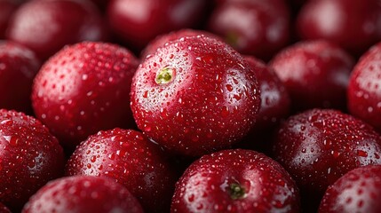 Close-up view of fresh, wet, red cherries, vibrant and juicy.