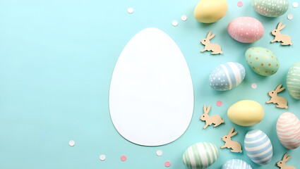 Pastel easter egg and bunny flat lay background