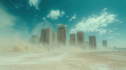 Dusty construction site with modern buildings