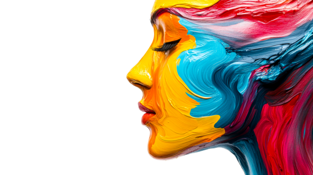 Face art with vibrant brushstrokes in profile, cut out transparent