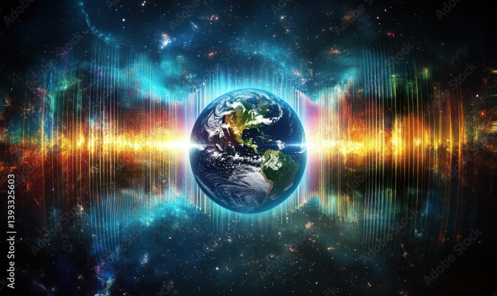 Poster a visual representation of earth surrounded by sound waves, symbolizing the concept that all life on