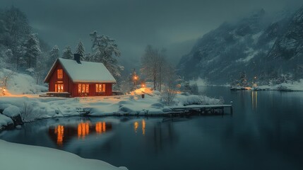 Fototapeta premium Cozy winter cabin by a serene lake