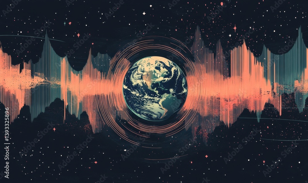 Poster a digital illustration of earth with sound waves emanating from it, representing the concept that au