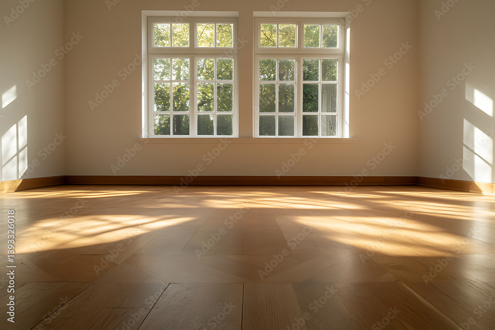 Poster sunlit interior: warm light streams through windows onto a pristine wooden floor in an empty room, c