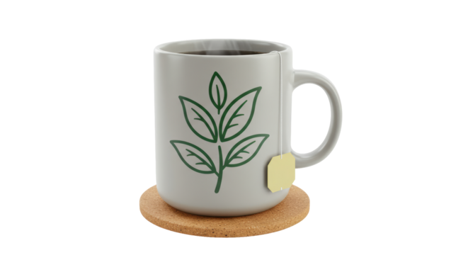 Isolated Mug with Tea Bag and Green Leaf Design on Coaster